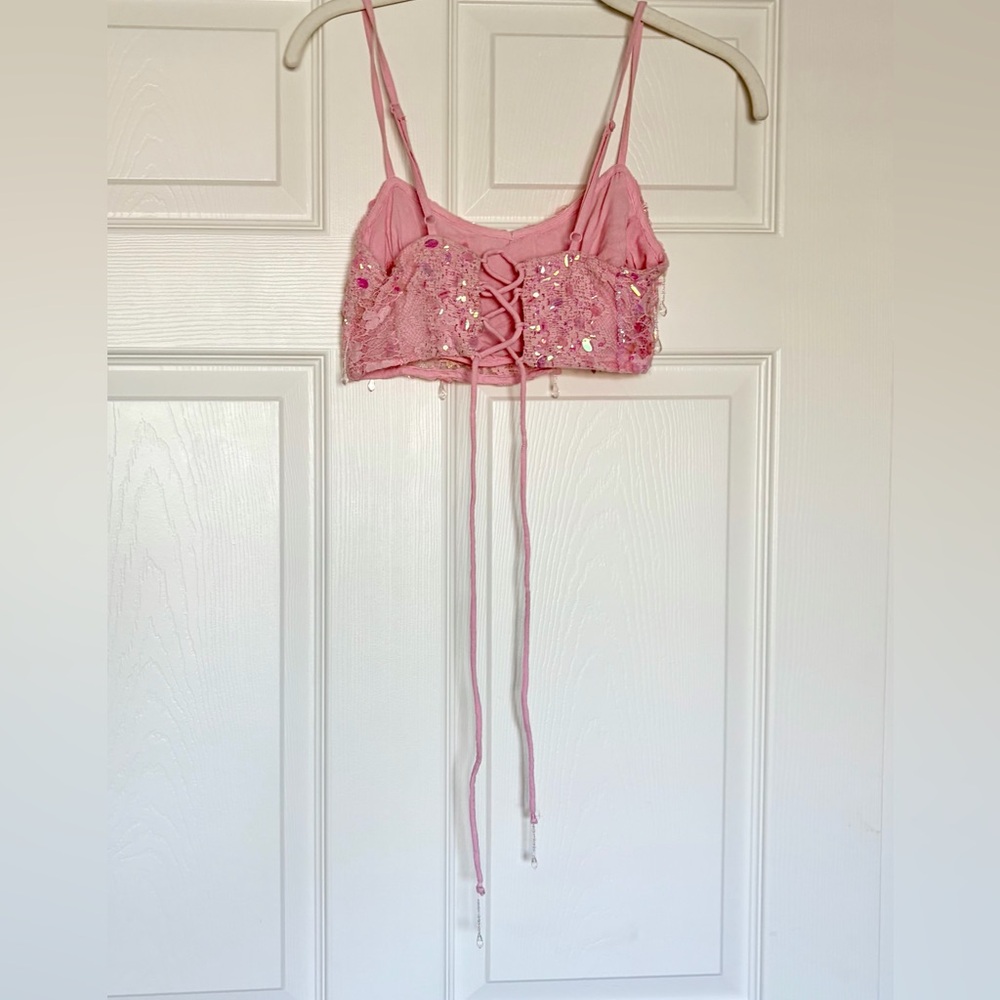NWOT Pink Sparkly Sequin & Jewels Lace Cami Crop Top — Small - Picture 5 of 10